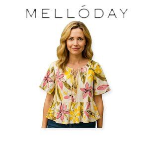 Whimsical Colourful Tropical Melloday Puff Sleeve Blouse Size L NWT Summer Fun